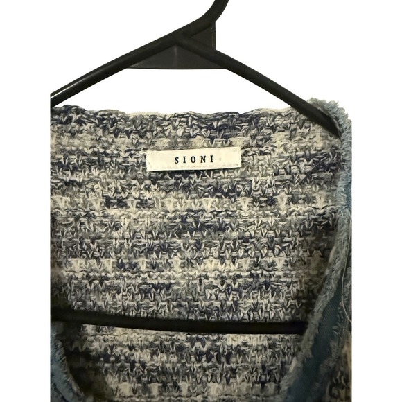 SIONI Textured Open Front Cardigan Sweater Blue White Denim Trim Pockets XL - Picture 2 of 5